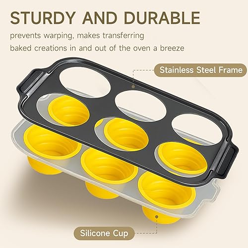 Miniatura 3 de Molde de silicona para magdalenas para hornear con marco de metal, antiadherente, 6 tazas de silicona para magdalenas, bandeja para magdalenas,