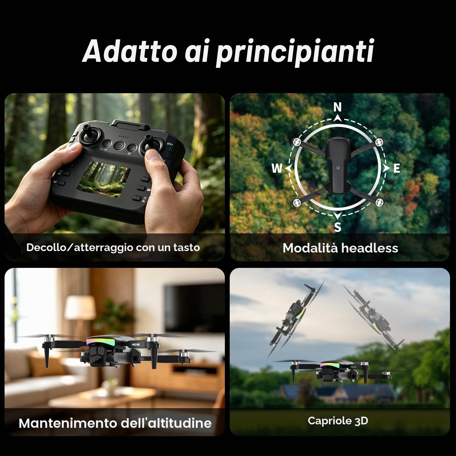 F417PRO Drone con Telecamera 1080P per Adulti Bambini, Mini Drone con Schermo, Doppia Lente 90°, LED, Flusso Ottico, Batteria Modulare, Principianti, Decollo 1 Tasto, Senza Testa, Flip 3D, Borsa