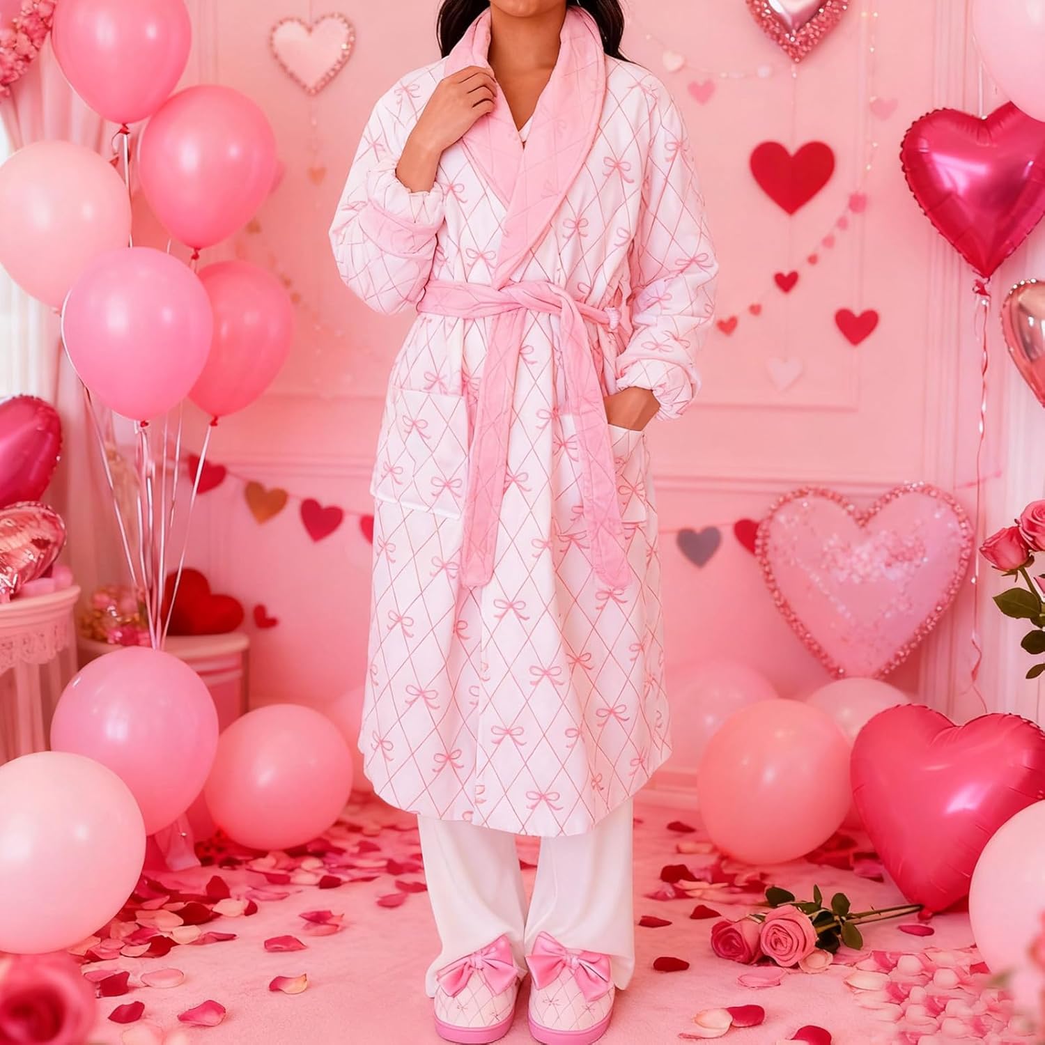 VISGOGO Bow Robes For Women Robe Lightweight Short Women Bathrobe Soft Ladies Cute Bathrobe With Pocket Pink And White - Image 6