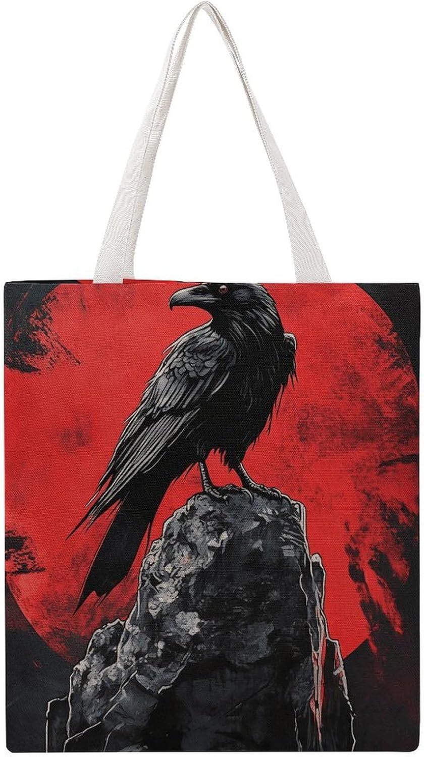 Gothic Raven Canvas Tote Bag Reusable Grocery Bags Foldable Soft Cotton Shoulder Carry Bag