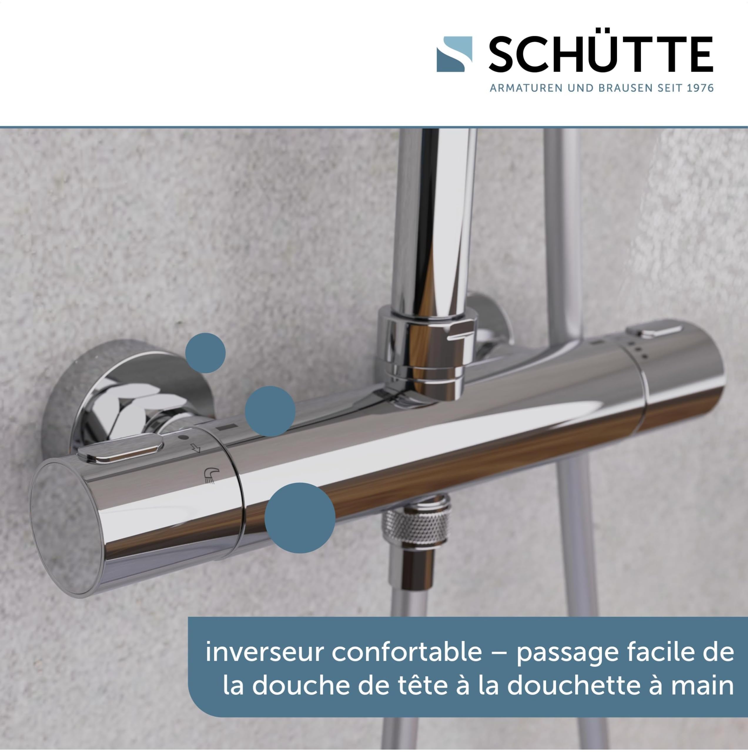 SCHÜTTE Aquaduct 60044 Système de douche avec thermostat, grande douche à effet pluie (Ø 25 cm) et douchette réglable, ensemble de douche avec barre de douche, douche avec robinetterie, colonne de