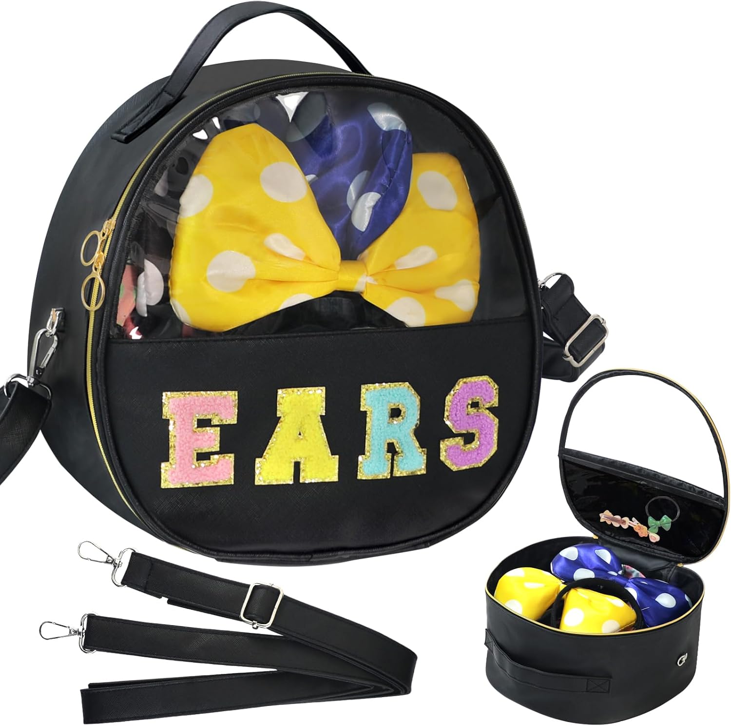 Translucent Mouse Ears Travel Case, Chenille Letter Headband Ears Holder Waterproof Hair Accessories Organizer Storage for Women Adults Gift Large Thicken Makeup Snack Bag for Park Travel