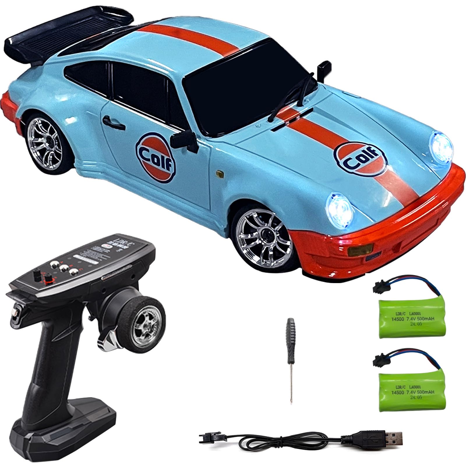 LD1898 1/18 RC Drift Car GTR R34 2.4GHz RWD with Gyroscope on-Road Alloy Body Shell Racing Cars Radio Control (Blue-Orange)