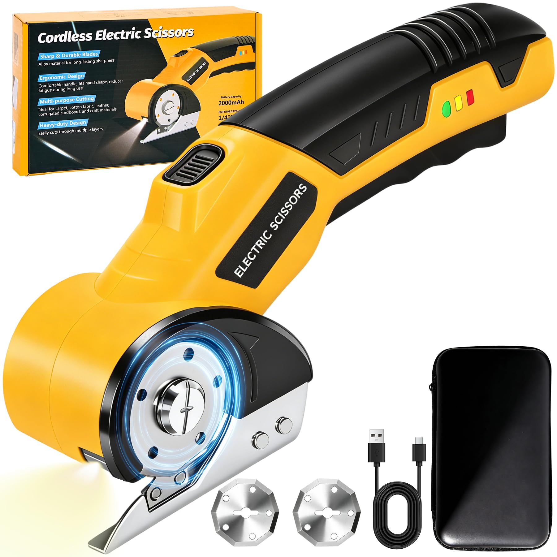 Taglierina Elettrica Forbici Elettriche Senza Fili con LED, 3.6V Taglio Rotante Cartone Cutter con 2 Testina, Taglierino Elettrico per Tessuti, Cartone, Tessuti, Pelle, Tappeti e Plastica(Giallo)