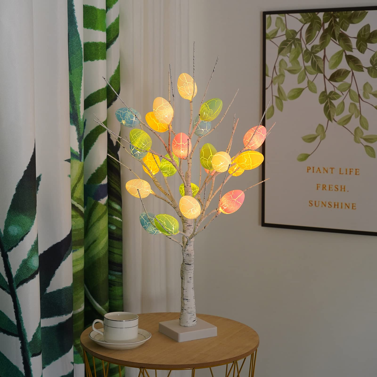 Albero Di Pasqua Decorativo A LED Con Uova Pendenti O Rotte – Betulla Bianca 60 Cm, USB O Batteria, Per Tavolo E Centrotavola Primaverile