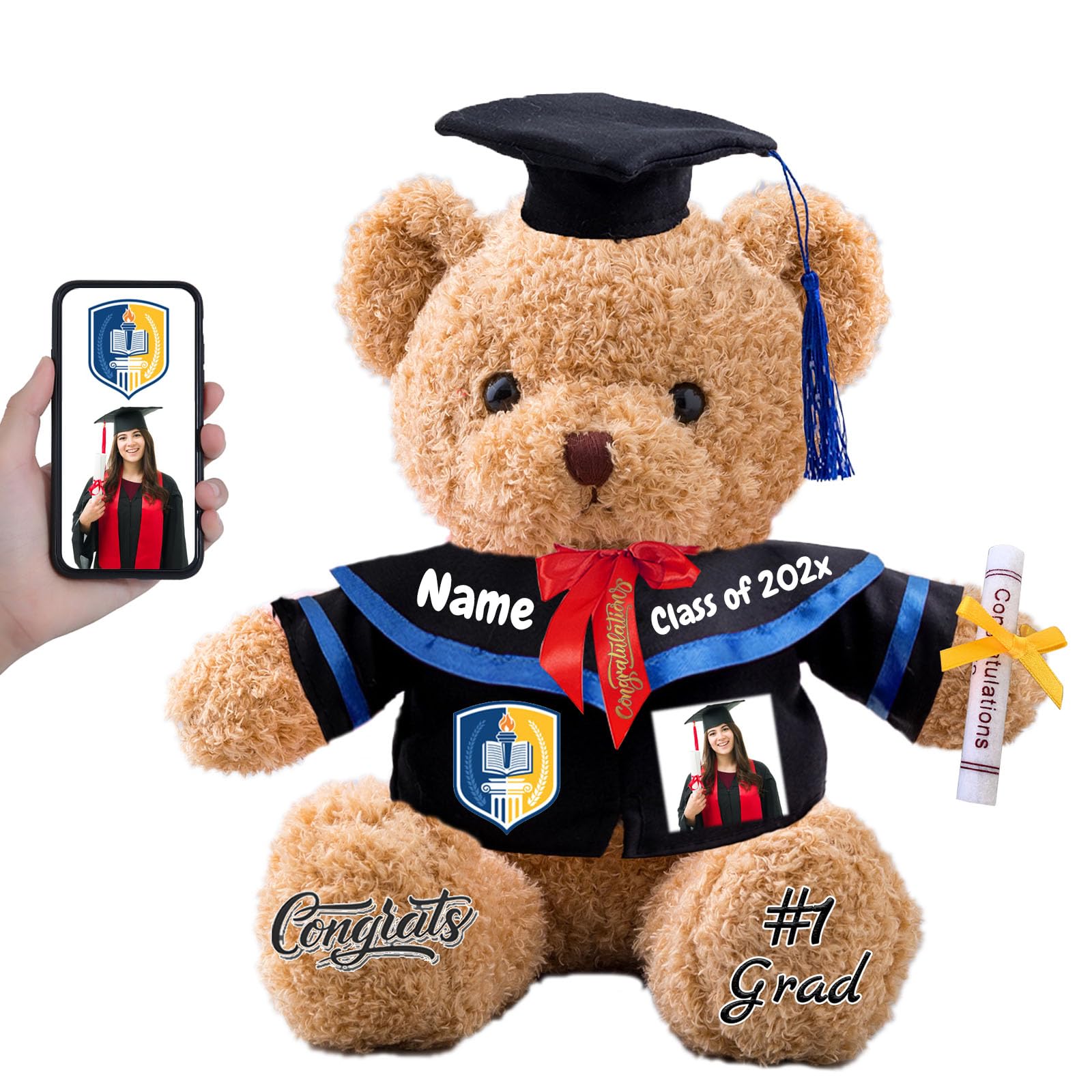 FAHOXUMR Graduation Teddy Bear with Text+Photo, Personalised Bear Stuffed Animal as 2026 Graduation Gift for Him as High School College 2026 Kindergarten Grad Gift for Kids (16 IN-Text+Photo)
