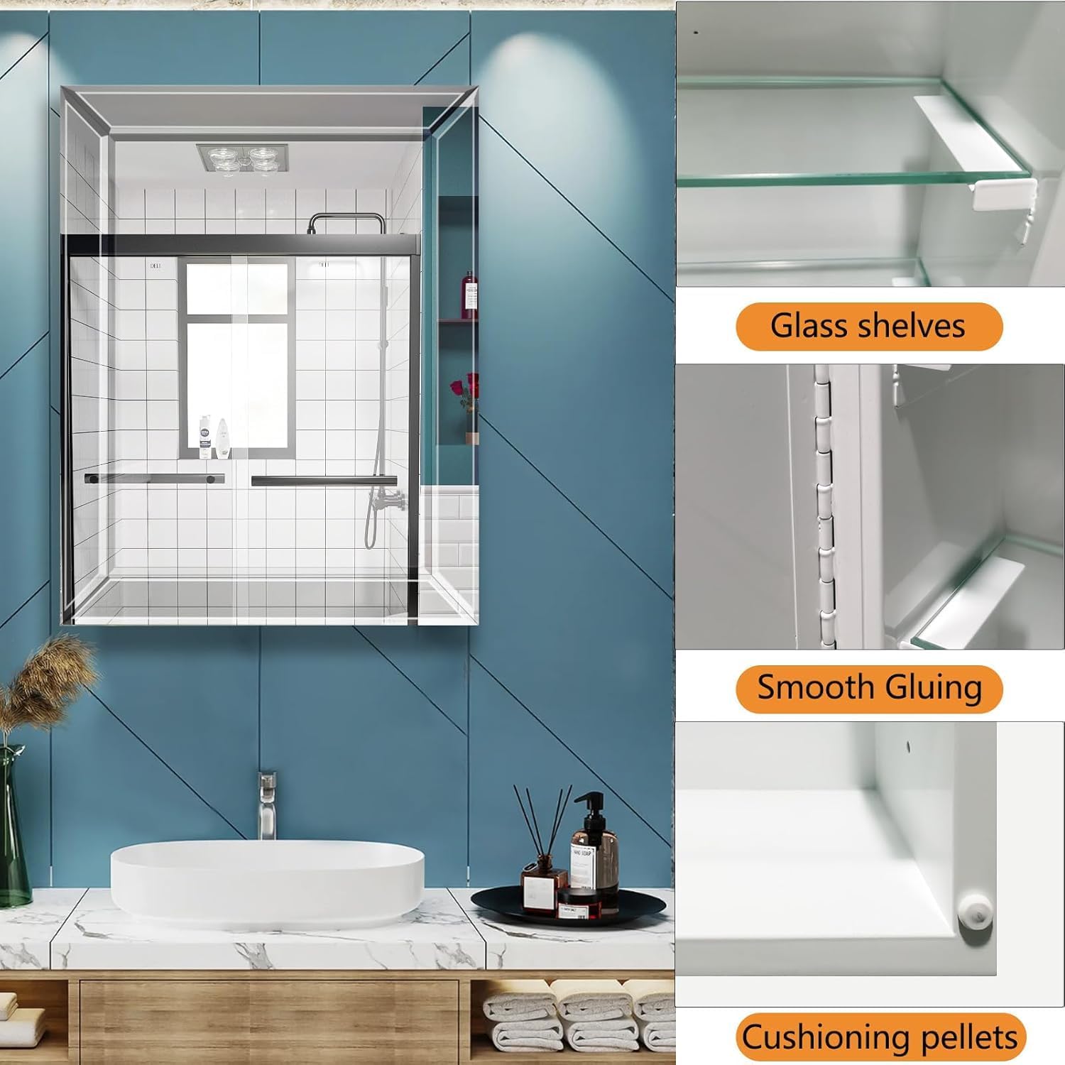 Bathroom Medicine Cabinet with 22x30 Inch Frameless Beveled Edge Mirror, Surface/Recessed Mount Vanity Storage Cabinet for Bathroom/Living Room/Bed Room
