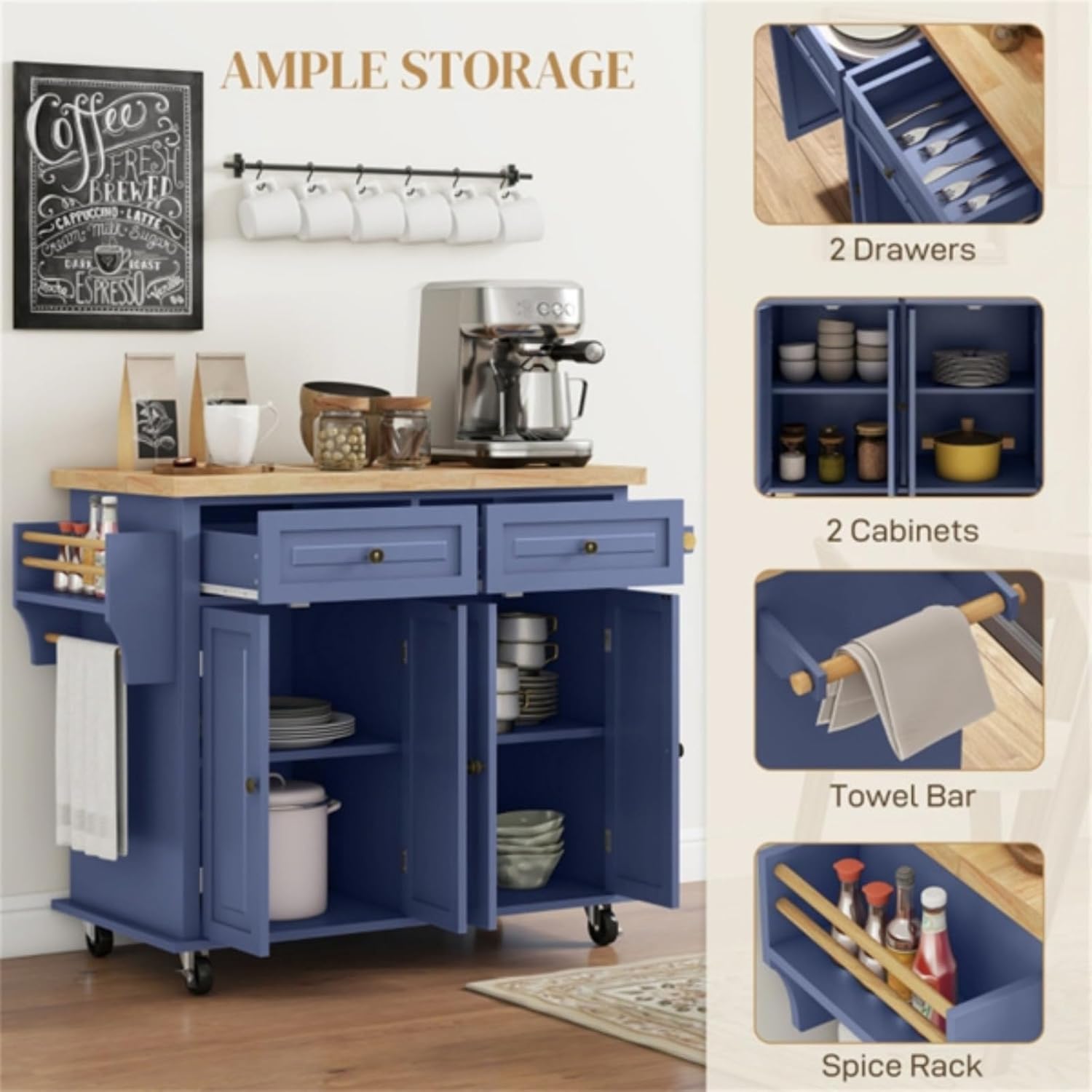 Kitchen Cabinets, Kitchen Islands, Simple Modern Design, 2 Drawers, 2 Pairs of Doors, 1 Towel Bar and 1 Spice Rack, Adjustable Shelves, 4 Rolling Casters