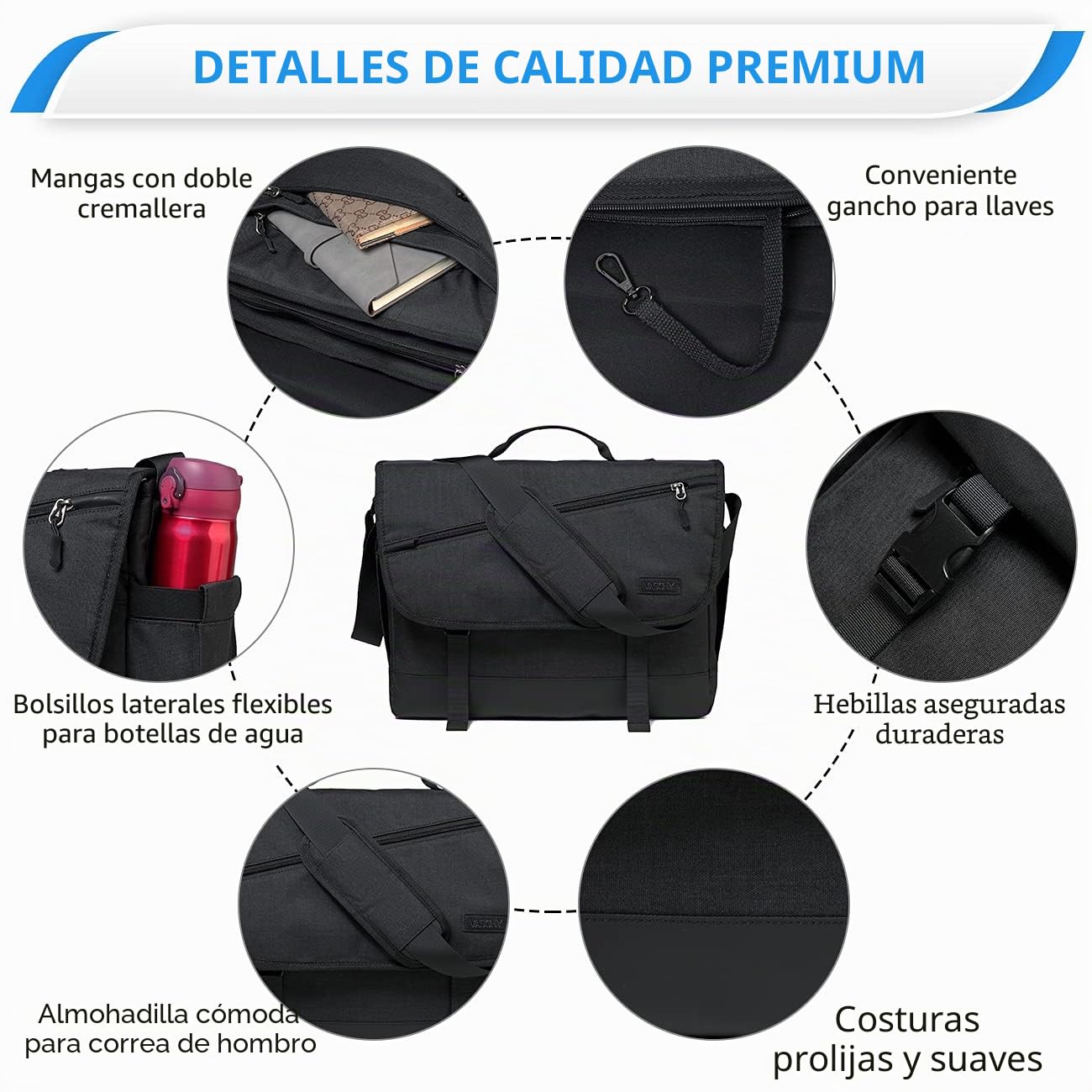 VASCHY Bolso Hombre Bandolera Grande, Bolso Mensajero Hombre Ligero Bolsa Portatil 15,6 Pulgadas Resistente al Agua con Compartimiento Laptop para Trabajo Negocio Viaje, Negro-15,6