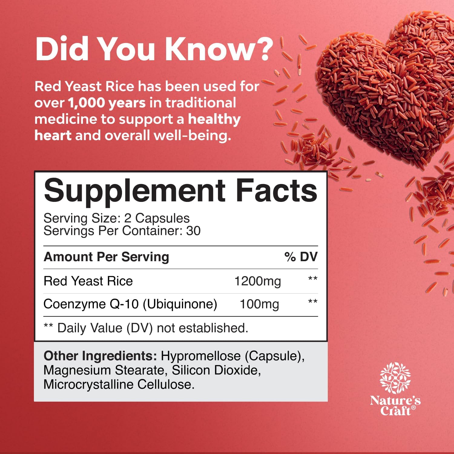 Red Yeast Rice with CoQ10 Supplement - Advanced Healthy Heart & Healthy Cholesterol Levels Formula for Men & Women - Extra Strength Capsule with Red Yeast Rice 1200 mg Capsules with CoQ10-60 Count - Image 8