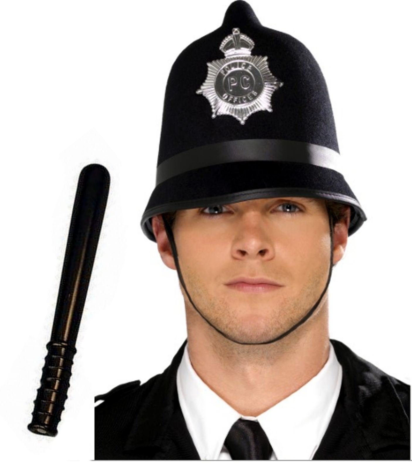 Mens Adult British Bobby English Policeman Police Helmet & Truncheon Fancy Dress