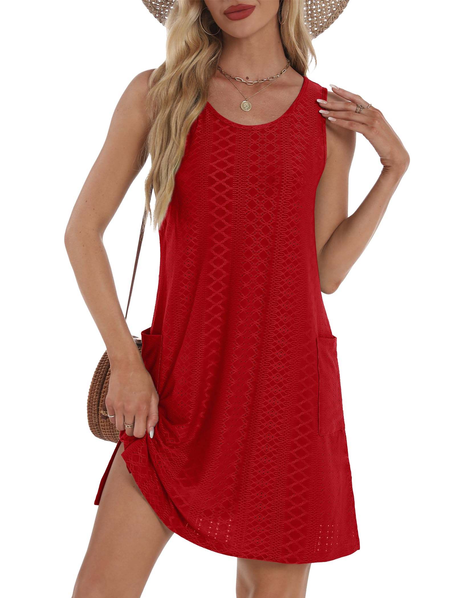 Coverup Summer Dresses for Women 2025 Eyelet Casual Loose Sleeveless Sundresses Tank Dresses with Pockets