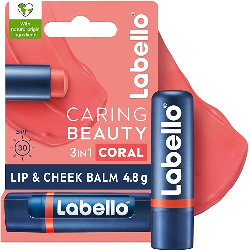 Labello Caring Beauty Lip & Cheek Balm Coral, 4.8g, 3‑in‑1 Colour, 24h Moisture & SPF 30 UV Protection
