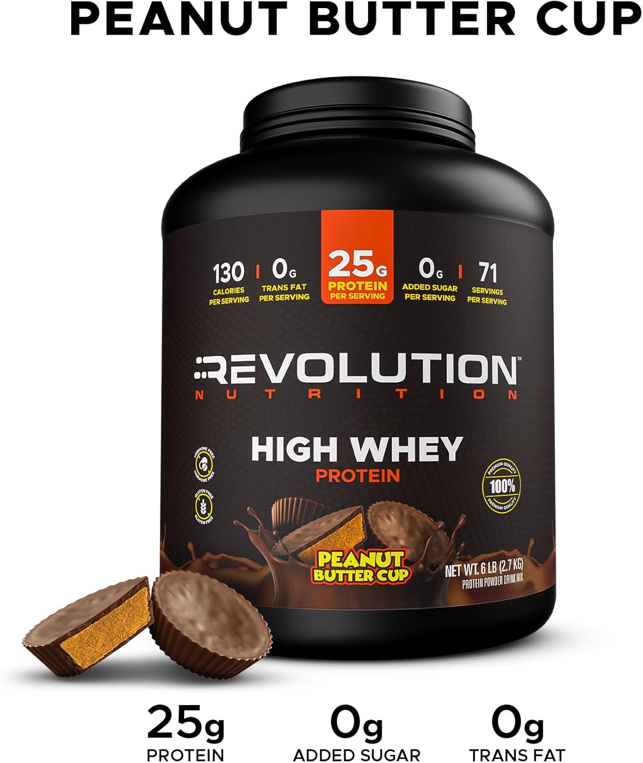 Revolution Nutrition, High Whey, Protein Powder 6LB, Whey Isolate, Gluten Free, Lean Muscle Mass for Men & Women, 25g of Protein Per Scoop, 2.7kg, 73 Servings (Peanut Butter Cup, 6 Pound)