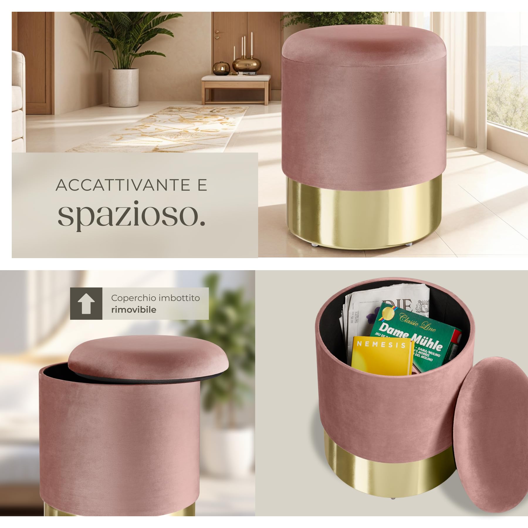 tectake® Sgabello Rotondo in Velluto, Con Scomparto Nascosto, Base in Acciaio Oro, Capacità di Carico 300 kg, Comfort Elevato, Design Elegante per Casa e Ufficio - Rosa