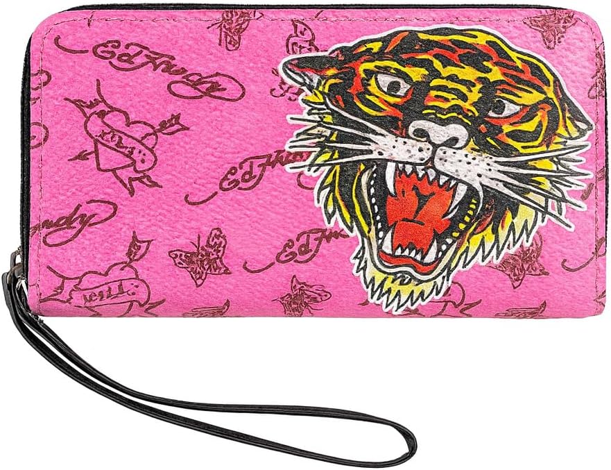 ED HARDY Women's Zip Around Wallet with Wrist Strap (Pink Pebbled)