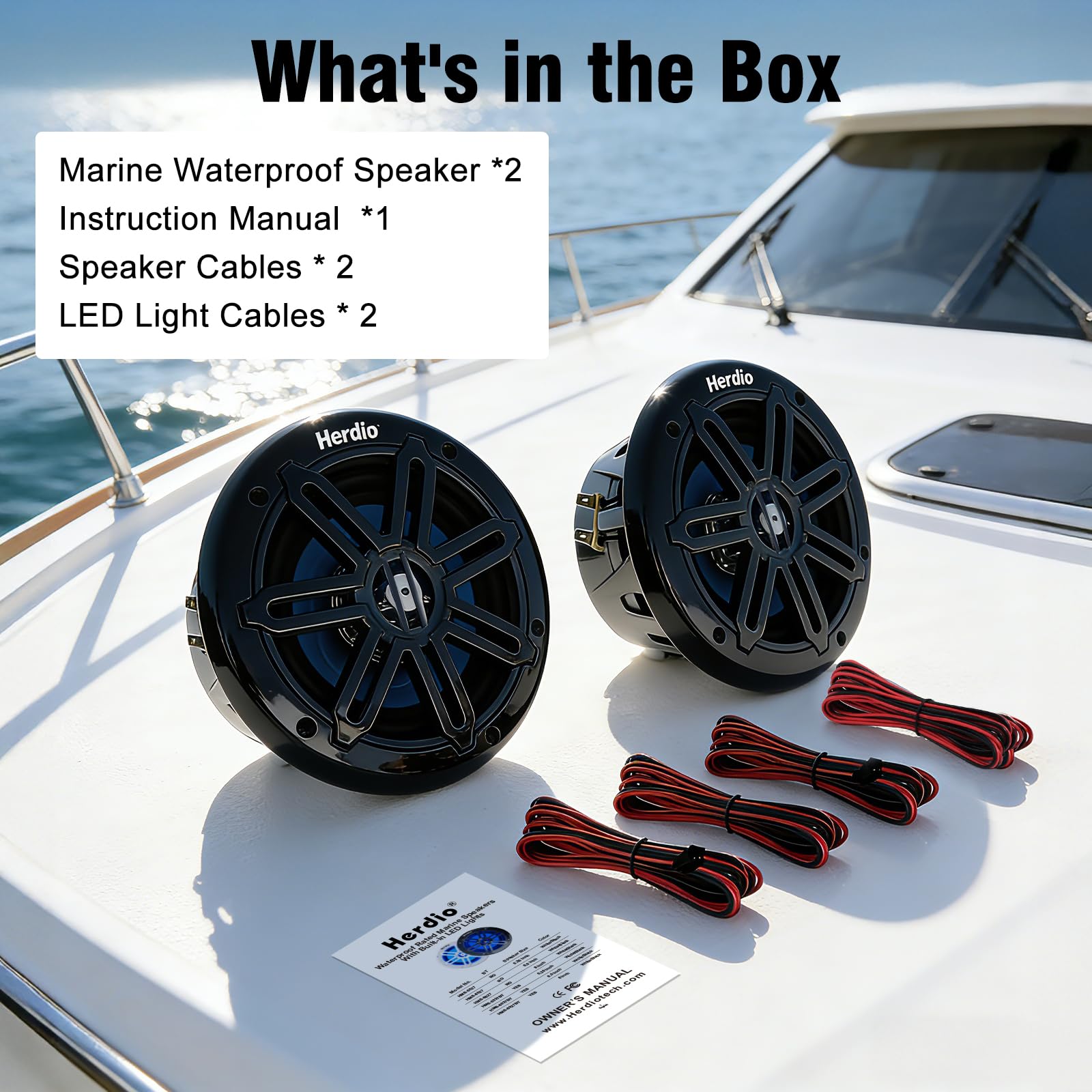 Herdio 5.25" 250W Marine Speakers - IP66 Waterproof Coaxial Audio, with Blue LED Light for Boats, ATVs, UTVs with UV Resistant Black Grille (A Pair)