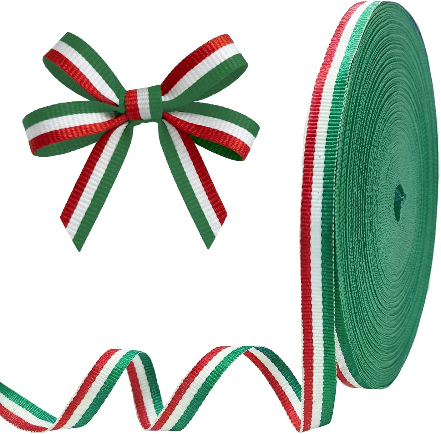 Red White Green Grosgrain Ribbons 55 Yards,10mm Wide Double-Sided Striped Ribbon, Patriotic Ribbon Wrapping Rope with Striped Pattern for Christmas Favor Party DIY Crafts Package Decor
