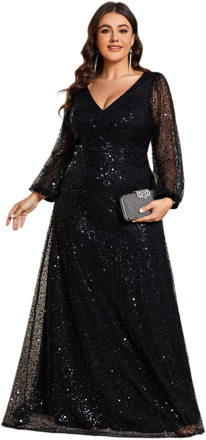 Ever-Pretty Women's Elegant A-Line V Neck Sheer Long Sleeves Plus Size Sequin Formal Dress Evening Gown