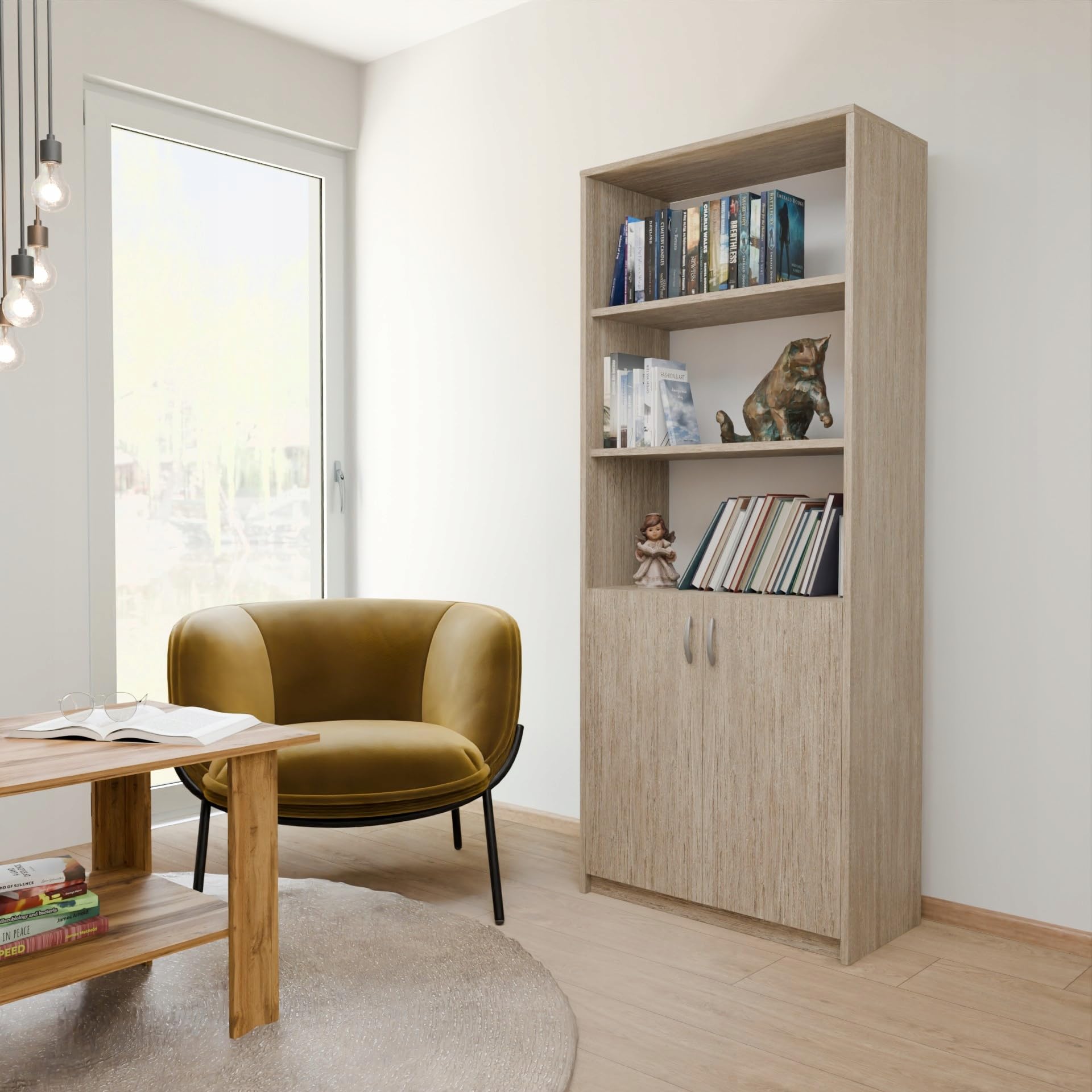 MATKAM Bücherregal R7, B/H/T 74x180x35cm, 4-Fach Regal mit Türen, ideal für Büro, Diele Wohnzimmer, Jugend- oder Kinderzimmer (Sonoma Eiche)