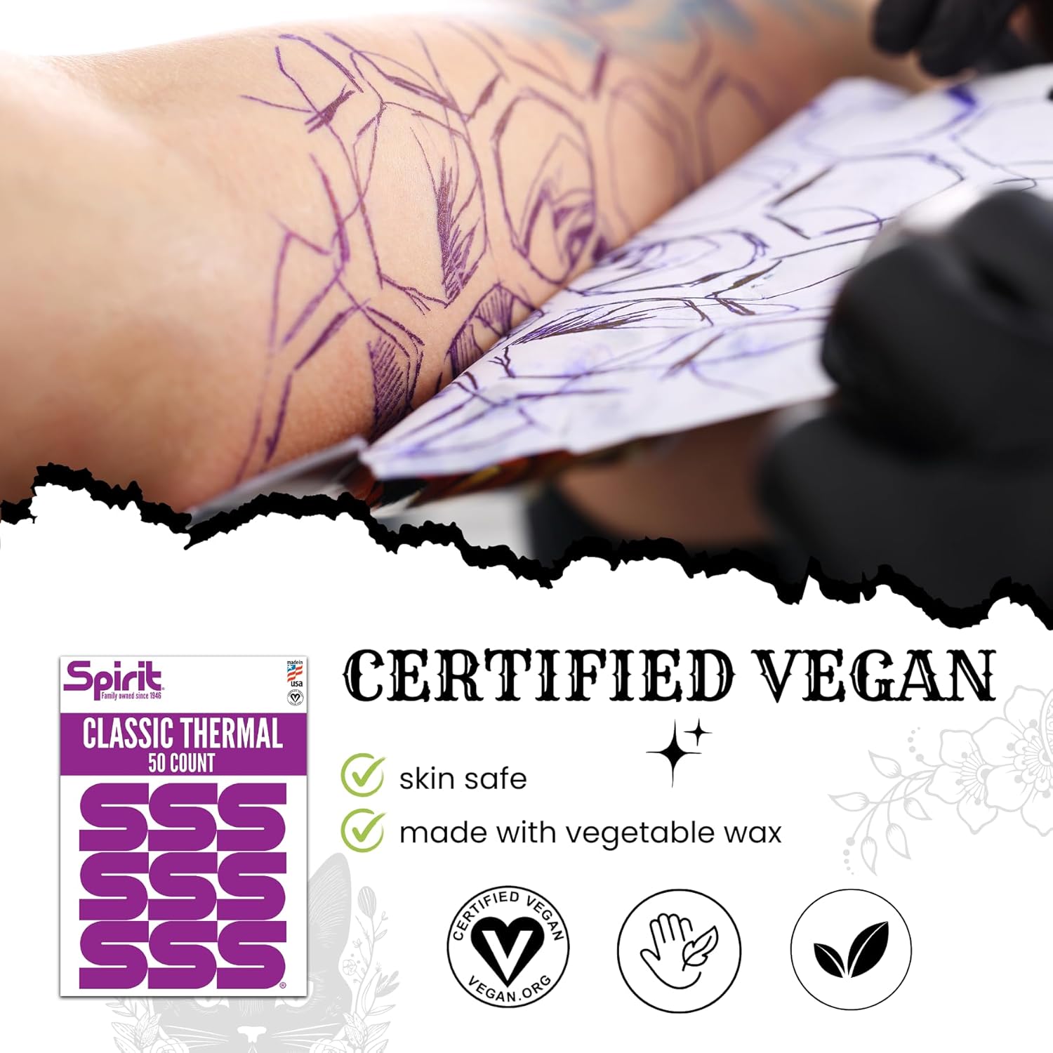 Spirit® Classic Thermal Tattoo Stencil Transfer Paper – 8.5" x 11" (50 Sheets) | Professional Tattoo Stencil Paper | Skin Safe, Certified Vegan, Made in USA