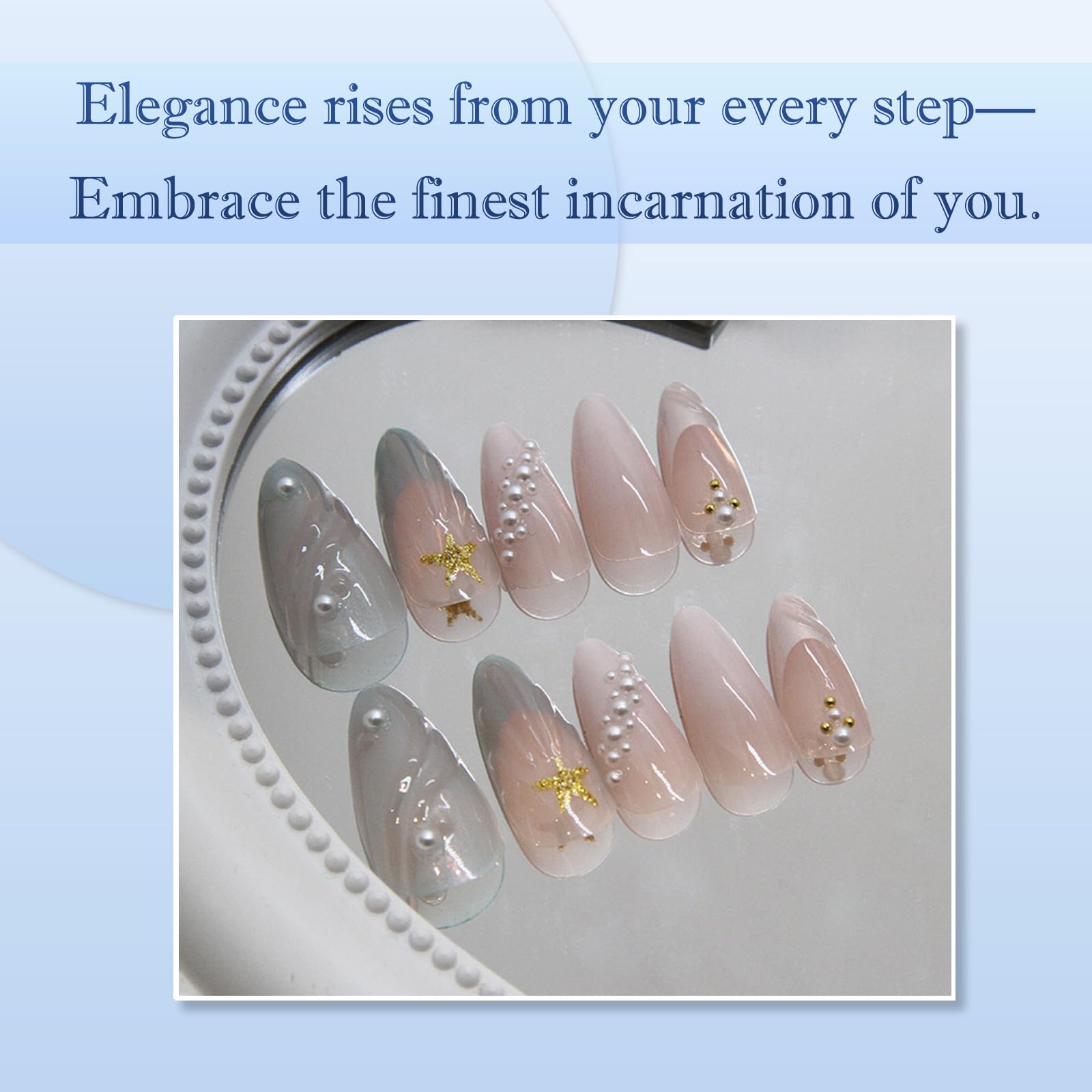 24PCS Short Almond Press On Nails With 3D Sea Starfish Shell Design And Blue White French Tip - Image 3