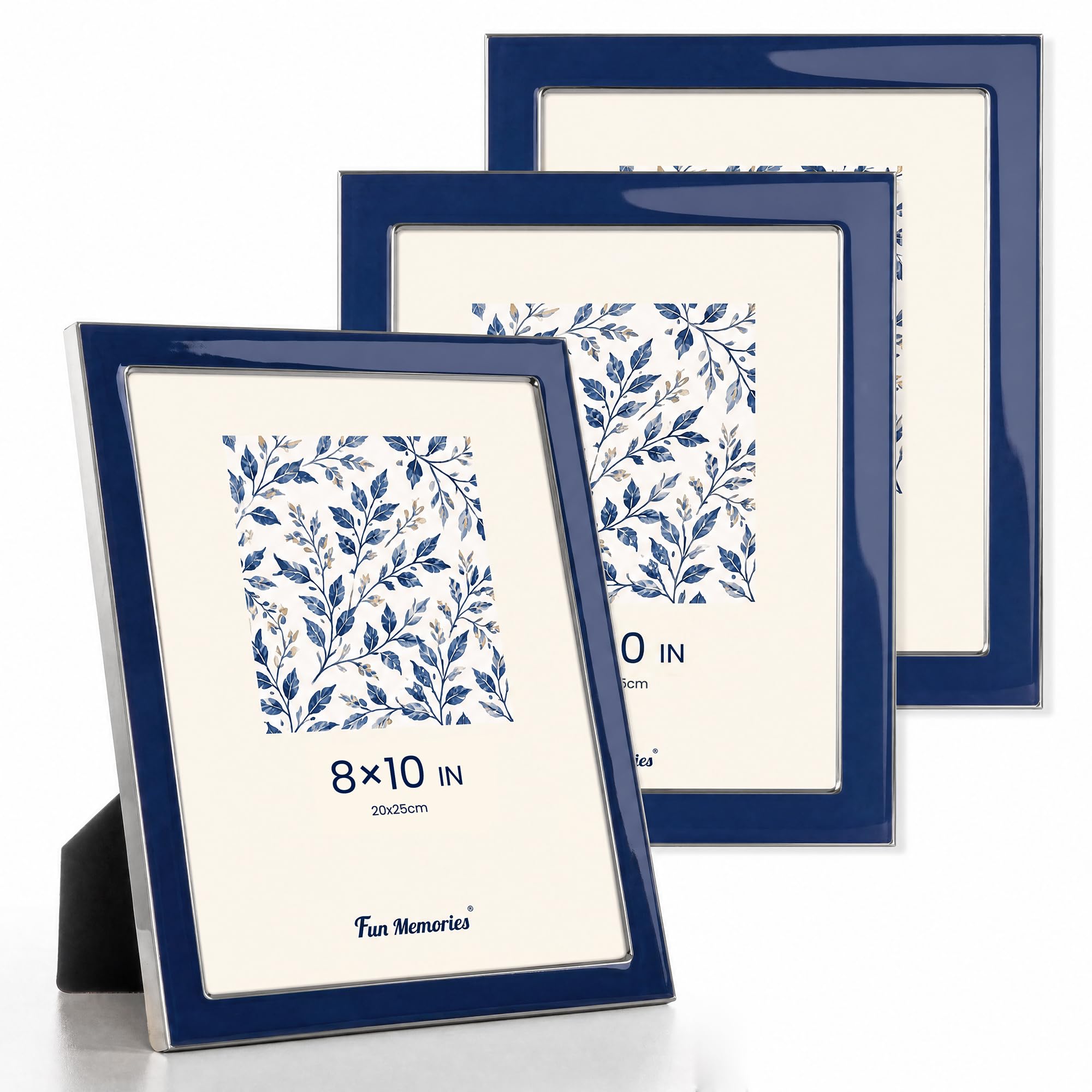 Fun Memories 8x10 Picture Frame - Navy Blue Enamel Glass Photo Frame with Silver Metal Edge & Easel for Display Picture Frame on Countertops, Tabletops, Bookshelves, Desks, Walls (Navy W/Silver)