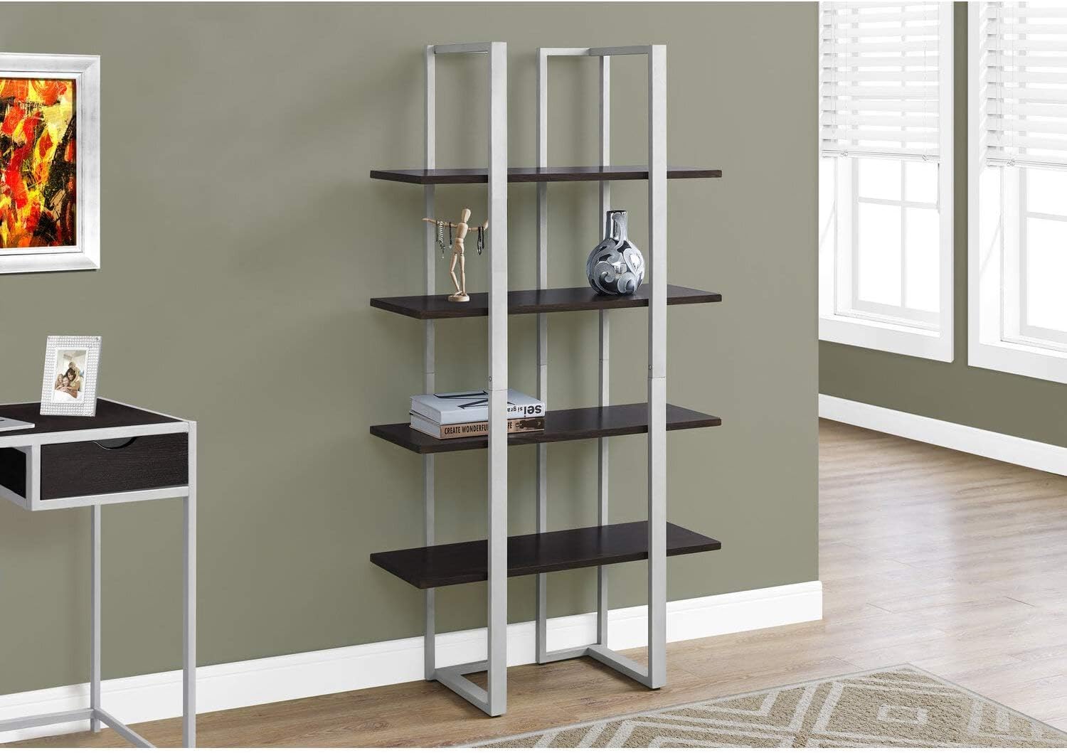 BOWERY HILL 4-Tier Bookshelf Bookcase, 60" H x 32" W, Metal Tube and MDF, Cappuccino and Silver Finish, Open Storage Shelves, Modern Industrial Design for Office, Bedroom, Living Room, or Den Use