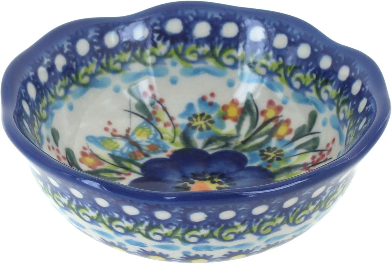 Blue Rose Polish Pottery - Orange Autumn Burst Small Scallop Bowl - 4.25" Diameter - Unique Dish for Jewelry, Nuts, or Candy