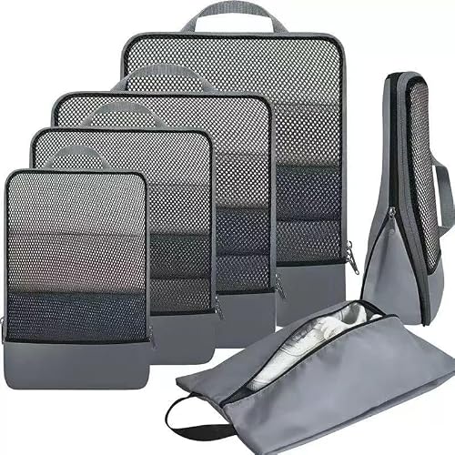 LSLCQW 6 Set Lightweight Compression Packing Cubes with Packing List, Anti-Tearing Expandable Organizer Bags for Travel, (Dark Grey)