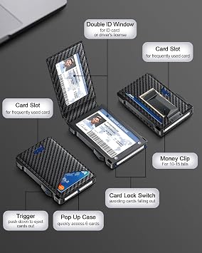Wallet for Men RFID Wallet with 2 ID Windows & Money Clip, Slim Pop Up Card Holder for 10-12 Cards, Bifold Minimalist Smart Wallet for Front Pocket, Compact Metal Credit Card Holder, Gifts for Men