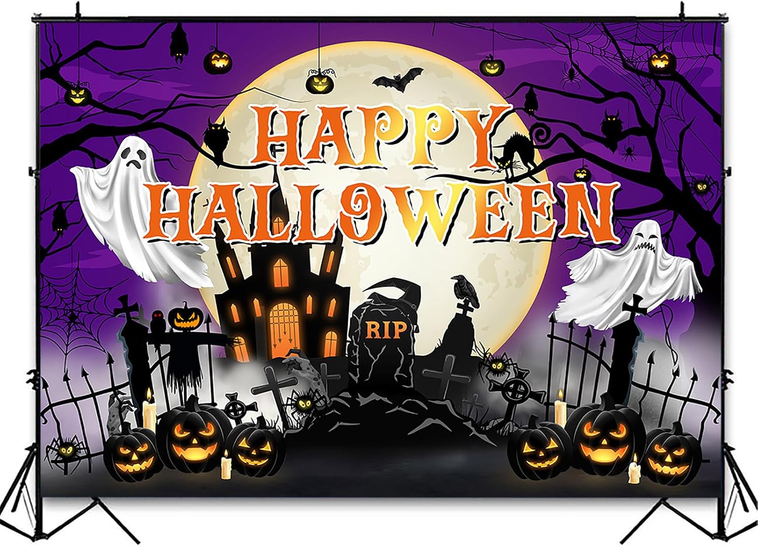 Avezano Happy Halloween Backdrop Spooky Halloween Background Scary Pumpkin Decorations Banner Haunted Castle Horror Night Party Supplies (Purple, 8x6ft)
