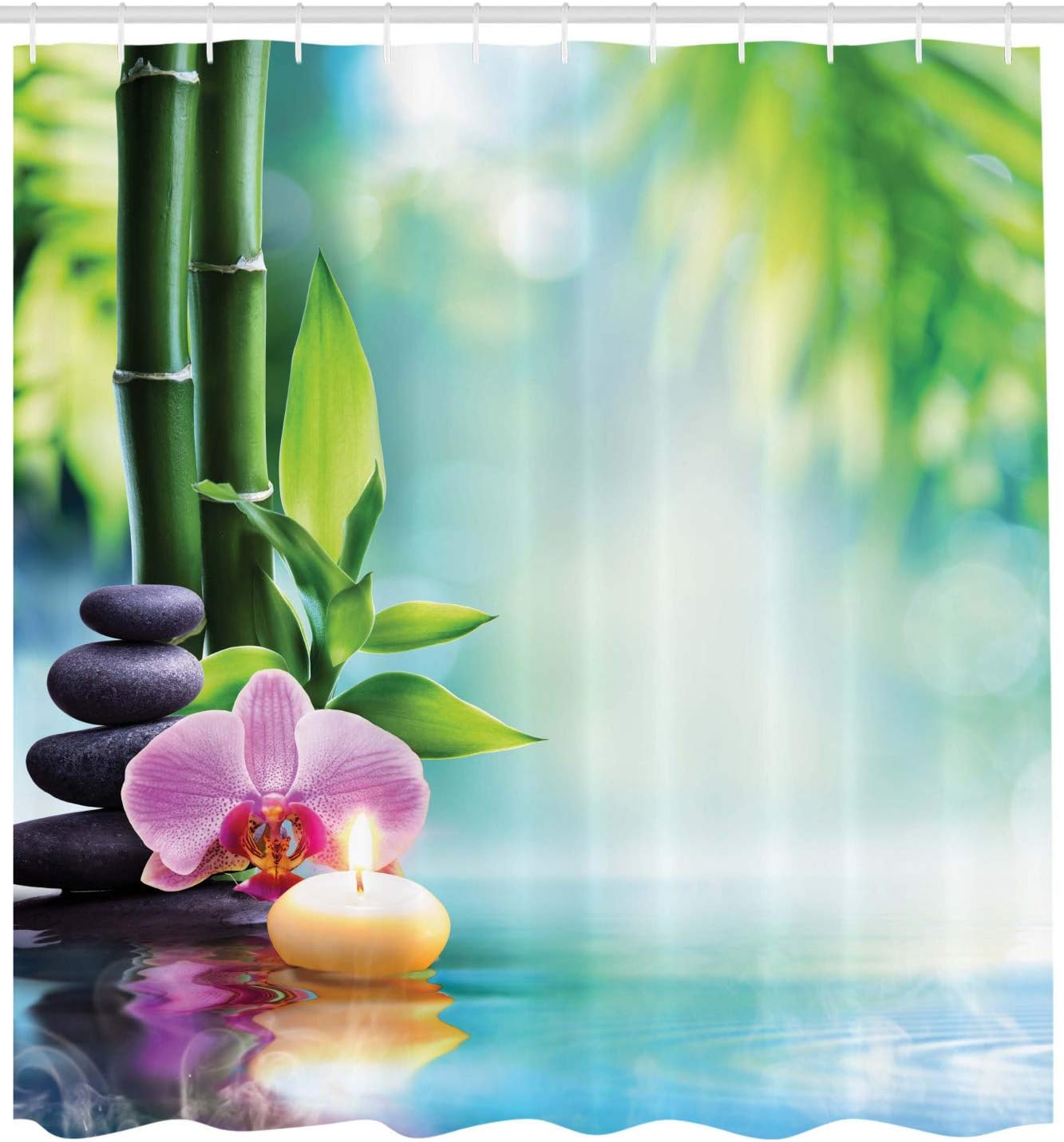 Ambesonne Spa Shower Curtain, Symbolic Features Candle and Bamboos Tranquil and Thoughtful Life Nature Print, Cloth Fabric Bathroom Decor Set with Hooks, 69" W x 75" L, Blue Black