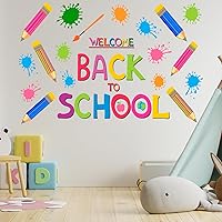 Vista 5 de Calcomanías de pared de bienvenida de regreso a clases, calcomanías de pared de crayón de colores para el primer día de escuela, murales de pared