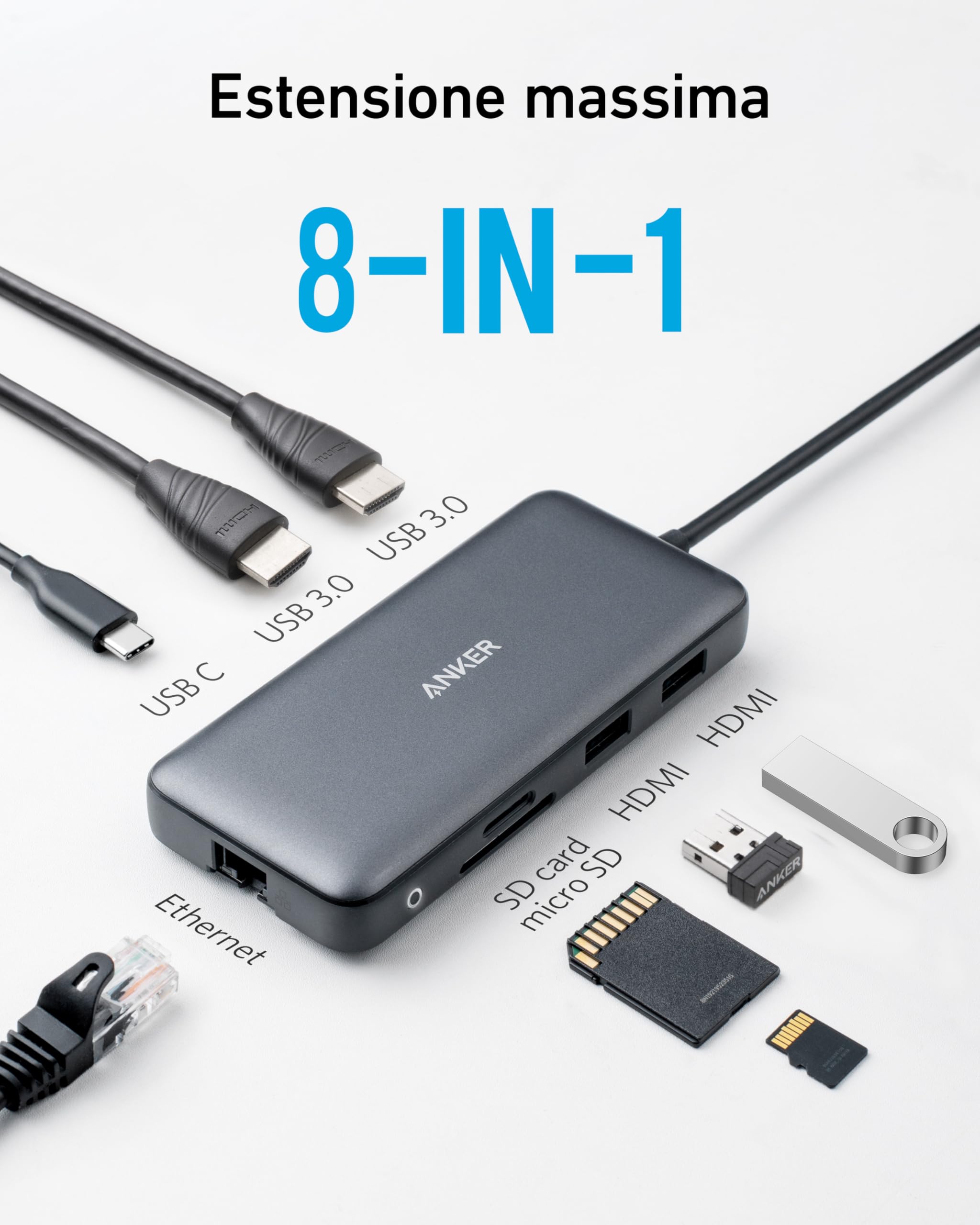 Anker Hub USB C PowerExpand 8 in1 100W, Adattatore con 2 4K HDMI, Power Delivery 100 W, Ethernet da1 Gbps, 2 Porte Dati USB 3.0, Lettore di Schede SD e MicroSD, per MacBook Pro, XPS, Pixelbook e Altro