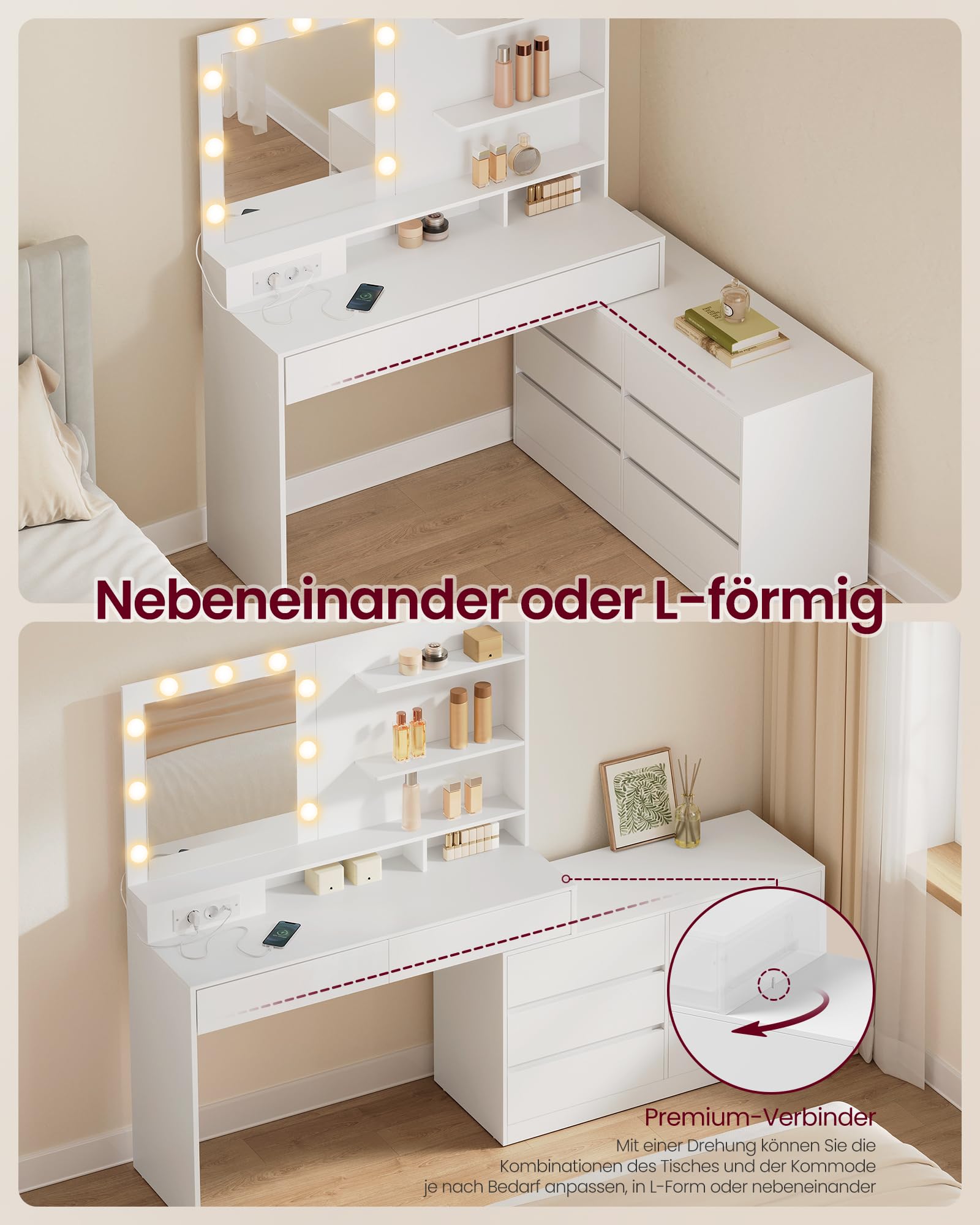 VASAGLE Kailyn Kollektion - Schminktisch mit Spiegel und LED-Beleuchtung, Frisiertisch 9 Glühbirnen, 8 Schubladen, 3 Ablagen, 3 Lichtfarben, gerade oder L-förmig, wolkenweiß RDT140WB01