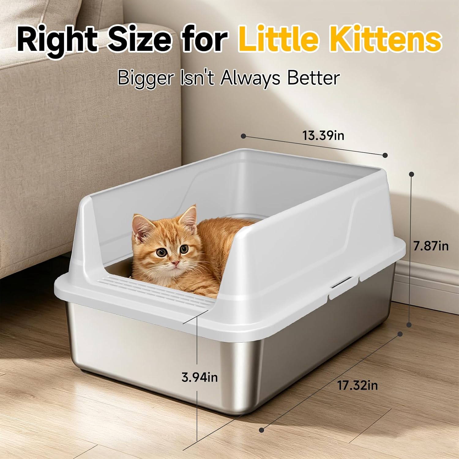 Stainless Steel Litter Box with High Sides, Small Metal Litter Box for Kittens & Senior Cats, Open Top Low Entry Non-Stick Easy Clean with Scoop, Gray