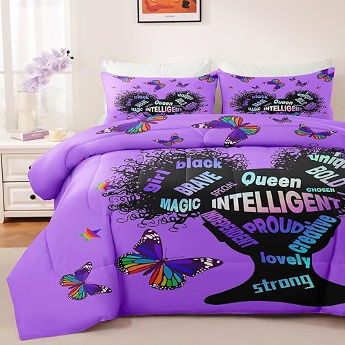 Miniatura 10 de GRAT TIOC Juego de edredón de niña negra tamaño individual para niños, juego de ropa de cama mágica para niñas afroamericanas, juego de edredón con