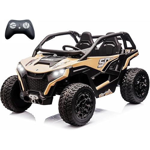 sopbost XL 24V Real 2 Seater Kids UTV Ride-On Car with Remote Control 4x4 4WD Electric Vehicle for Kids 3-8 to Drive, Bluetooth Music, 4 Spring Suspension, 21.85" Spacious Seat - Quicksand