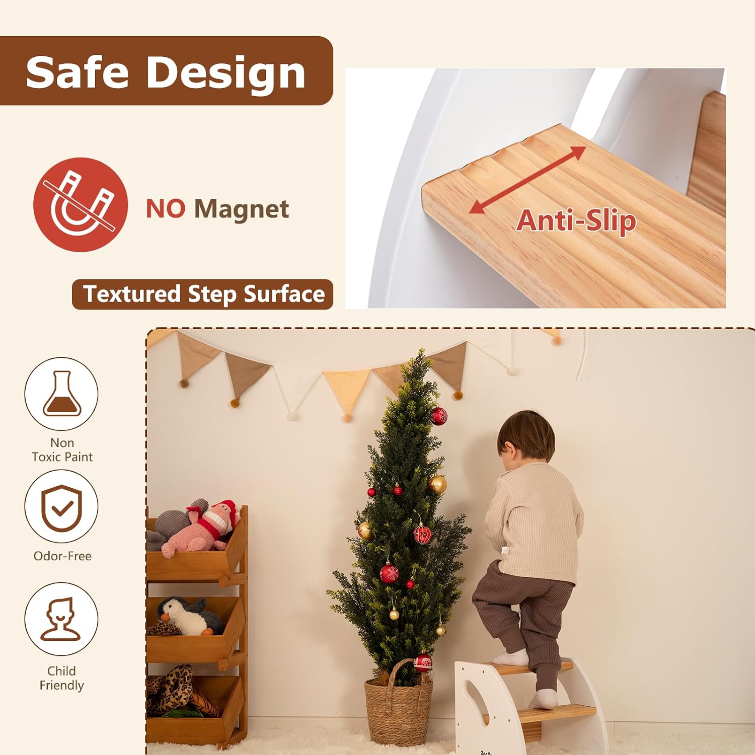 Wooden Step Stool for Kids and Toddlers – 2-Tier Toddler Tower with Safety Handles & Anti-Slip Pads – Ideal for Bathroom Sink, Potty Training & Kitchen Helper (Natural Wood)