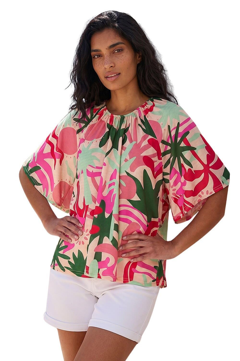 Roman Originals Printed Raglan Sleeve Stretch Top for Women UK - Ladies Everyday Holiday Spring Summer Round Neckline Comfy Soft Evening Vacation Work Party - Pink - Size 16