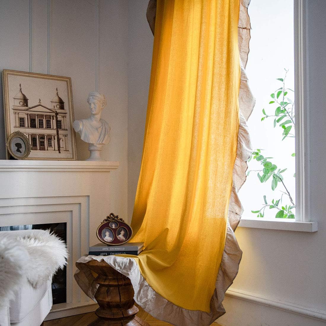 vctops Farmhouse Ruffle Curtains Room Darkening Cotton Rod Pocket Window Curtain Panel for Living, Dining Room, Bedroom, 1 Piece (Yellow,59"x63")