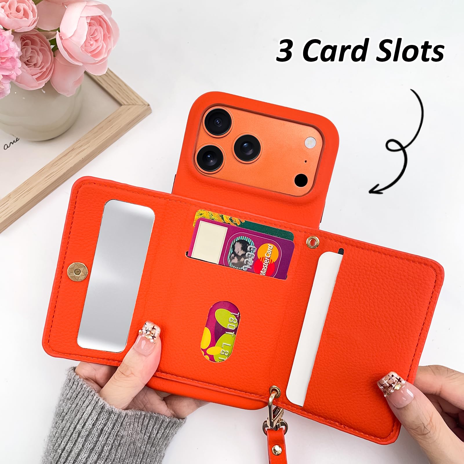 OOK Custodia a portafoglio per iPhone 17 Pro Max con porta carte di credito | Design multifunzionale con slot per schede, cinturino da polso, specchio nascosto, custodia protettiva sottile in pelle TPU