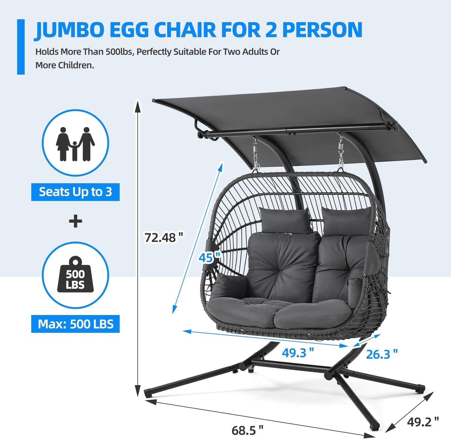 Double Egg Chair with Removable & Adjustable Canopy, Oversized Hanging Swing Chair, Hammock Chair with Cushion Basket, Swinging Loveseat for Outdoor Patio, Balcony, Garden