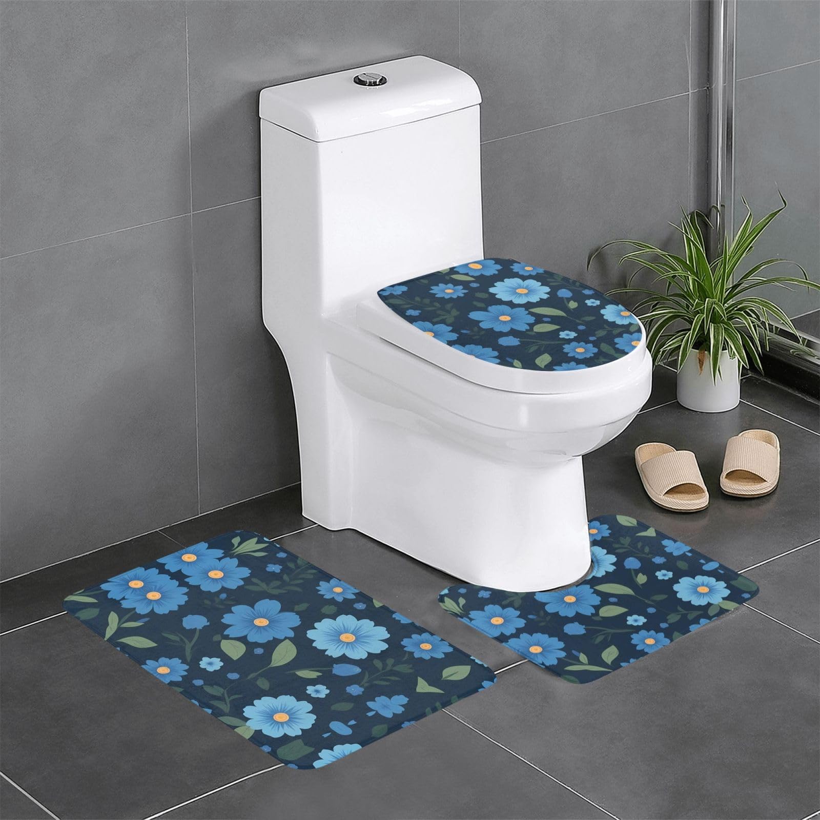 Tapis de douche floral bleu pour salle de bain et toilettes