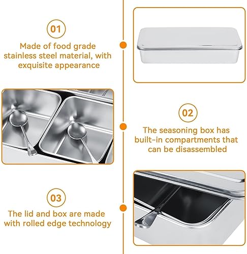 Miniatura 3 de Recipientes de condimentos con cuchara y tapa, 3 rejillas de acero inoxidable, juego de recipientes de sal de azúcar, especias, sal, pimienta,