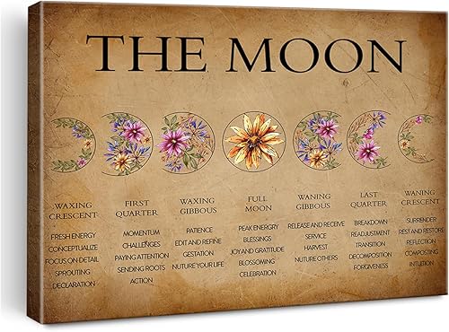 LEXSIVO Lienzo decorativo retro con estampado de flores silvestres y lunas, arte de pared para decoración del hogar, con cera y media luna, pintura