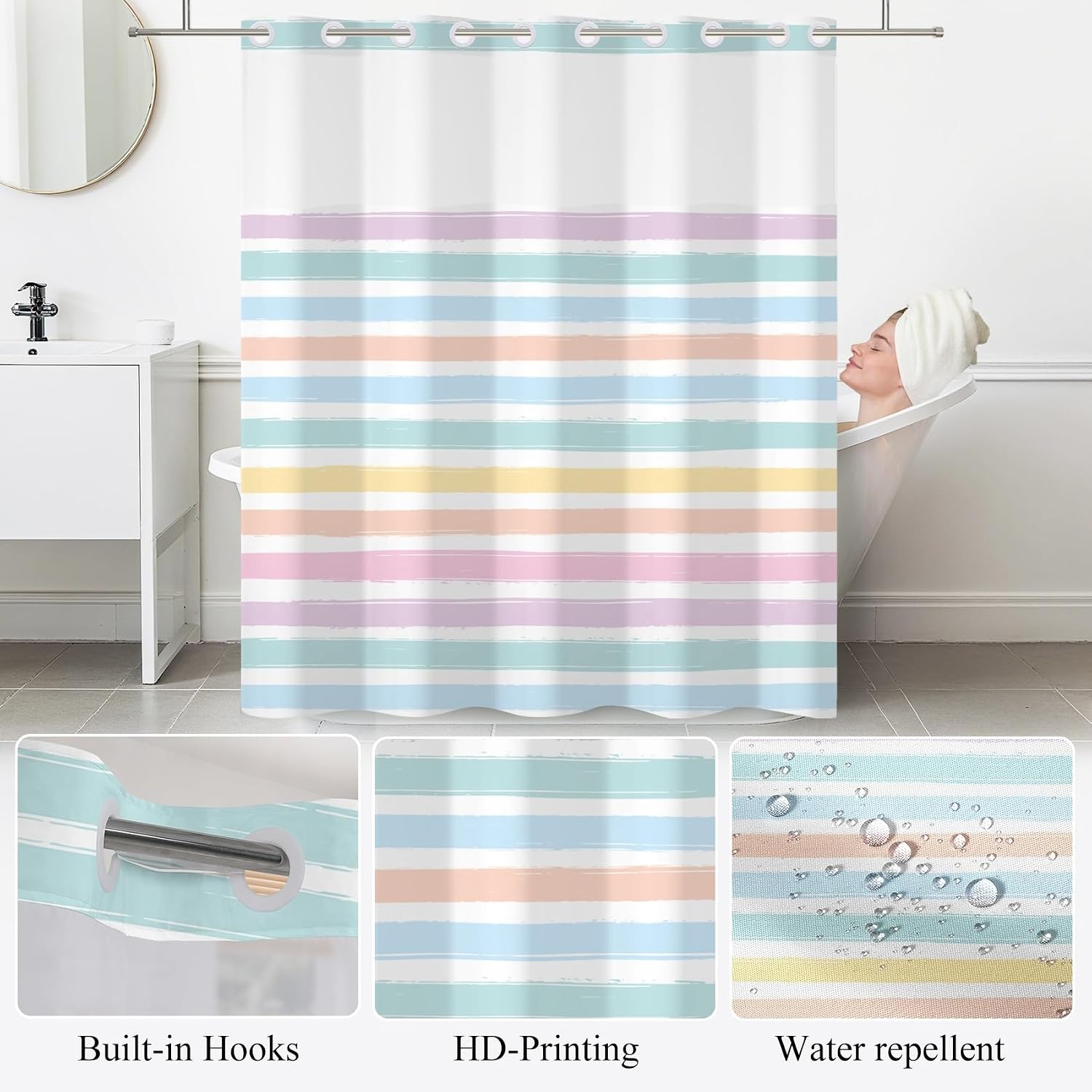 No Hook Rainbow Striped Shower Curtains for Bathroom Decorations Color Horizontal Stripes Bathtub Decor Modern Hotel Shower Curtain and Liner Set 71x71 inch image 5