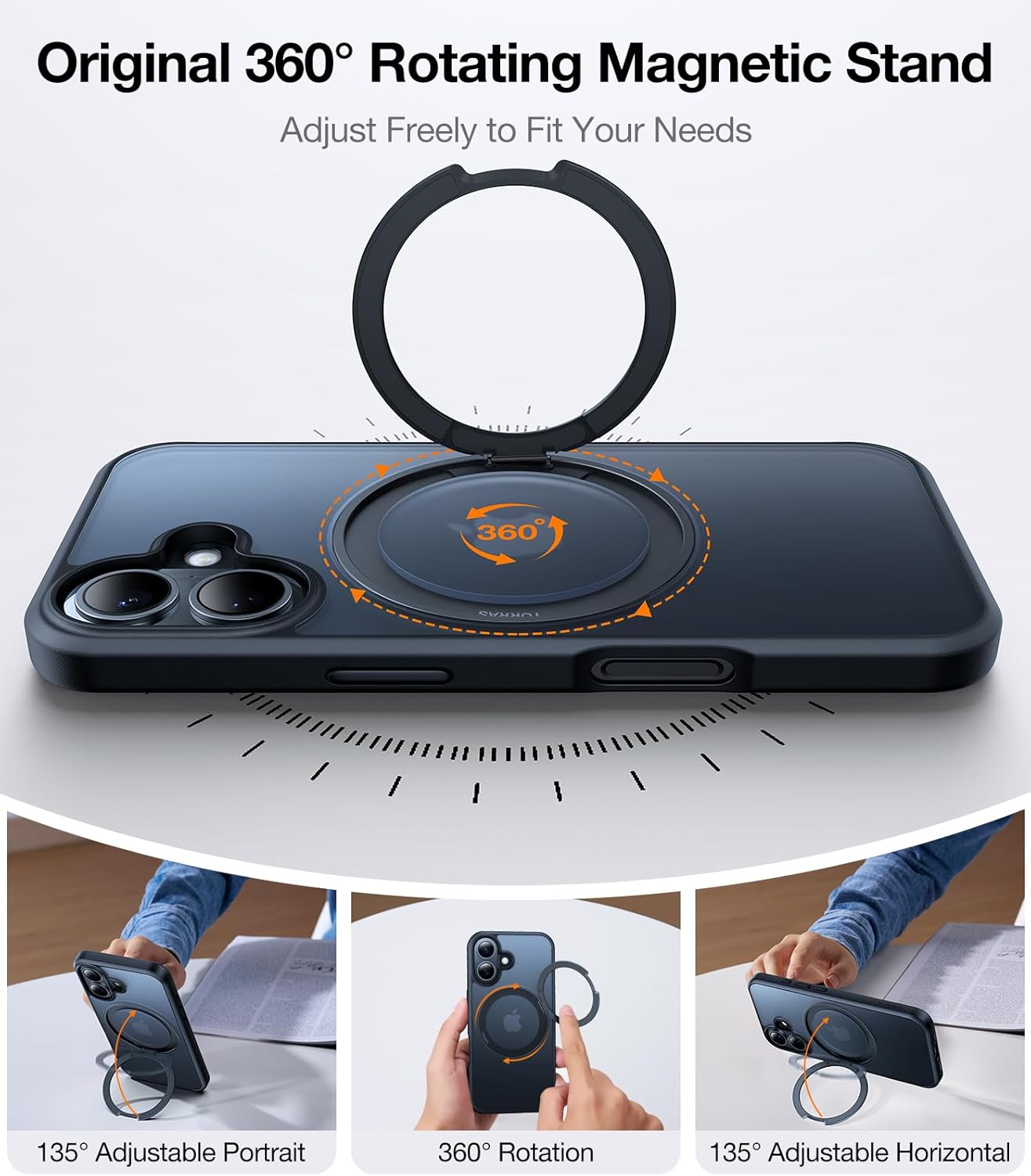 TORRAS 360 Rotatable Magnetic Ring for iPhone 16 Plus Case, Fit for MagSafe with Stand Ring Holder, 16FT Military Grade Shockproof Translucent Back Case for iPhone 16 Plus Phone Case Ostand, Black