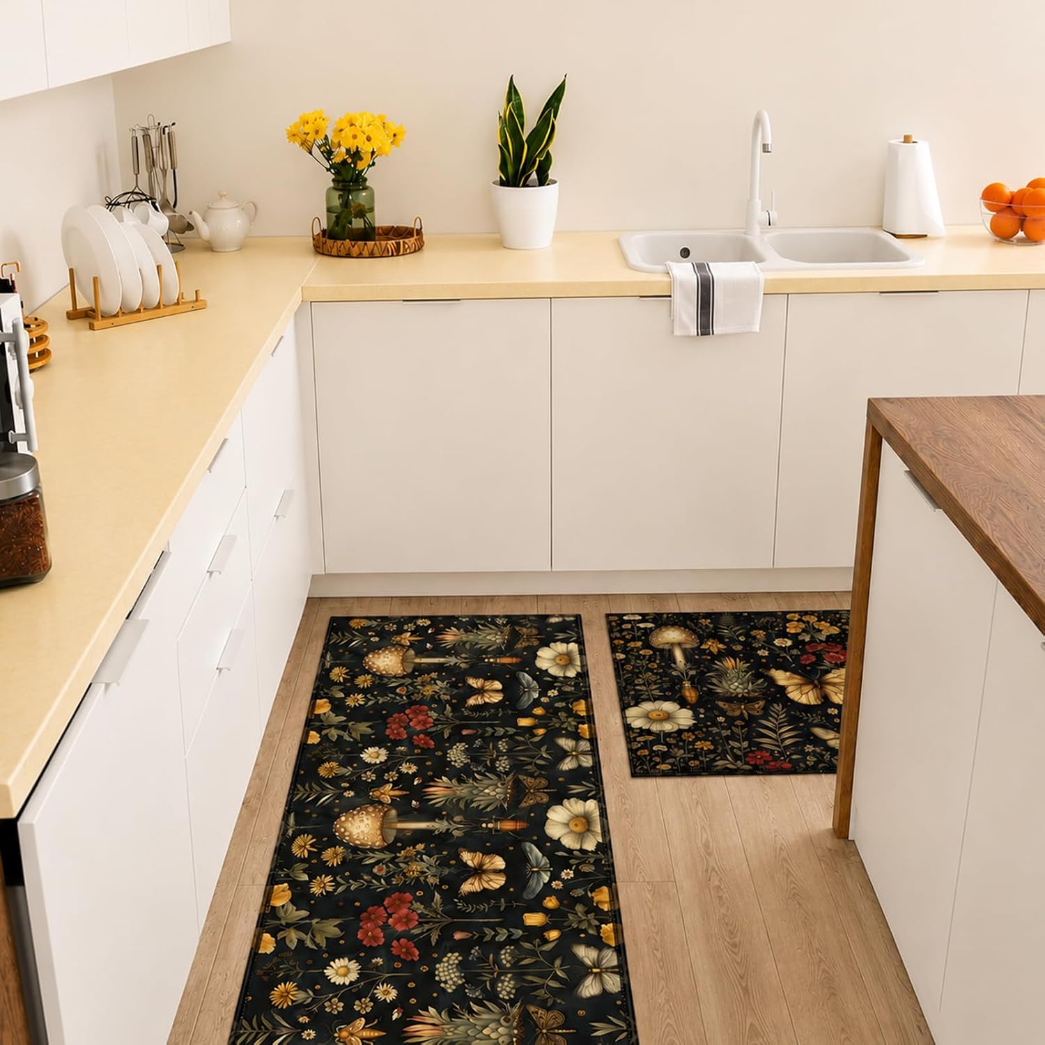 Breling 3 Pcs Mystical Moth Mushroom Kitchen Mats Set, Gothic Witchy Black Botanical Kitchen Rug Runner Set, Entryway, Bedroom 19.7 x 31.5 Inch 19.7 x 47.2 Inch